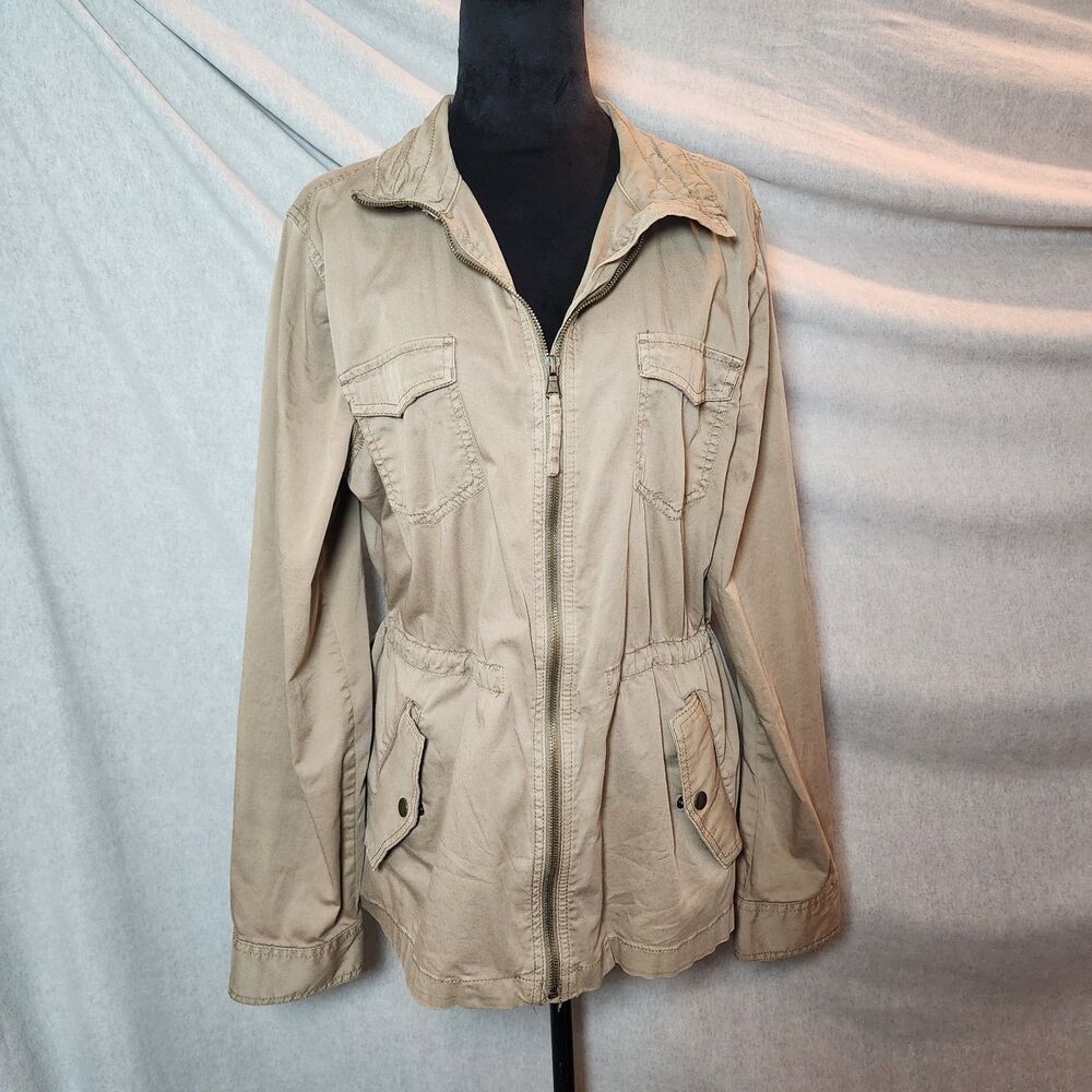 Sonoma Women's XL Utility Jacket Tan Khaki Cinch Waist Full Zip Gorpore Cargo